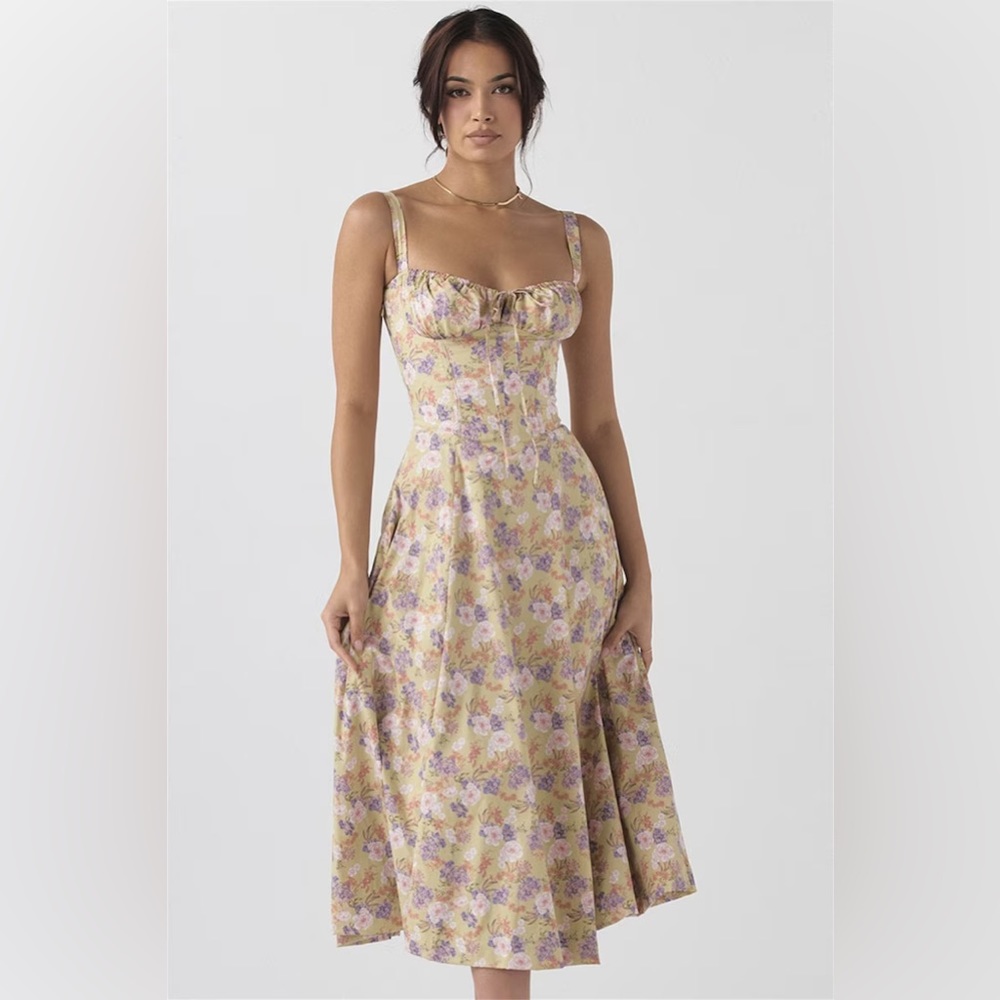 Green dress with pink and purple flowers